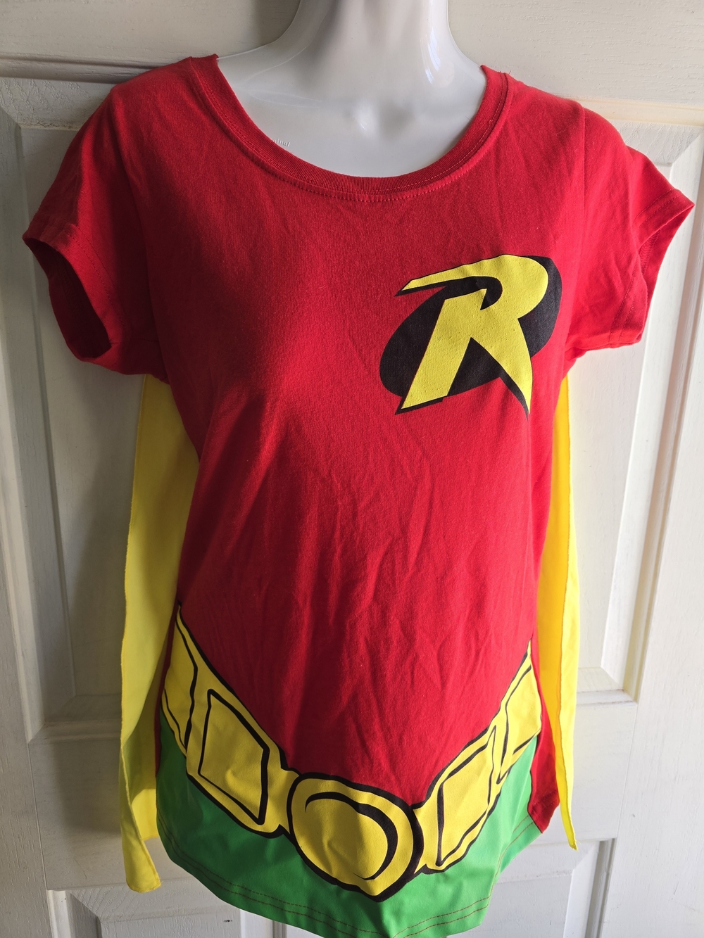 DC Comics Red Robin Short Sleeve Tee with Yellow Cape and Green Hem Accent